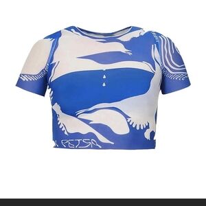 Di Petsa Blue & White Graphic Short Sleeve Crop Top